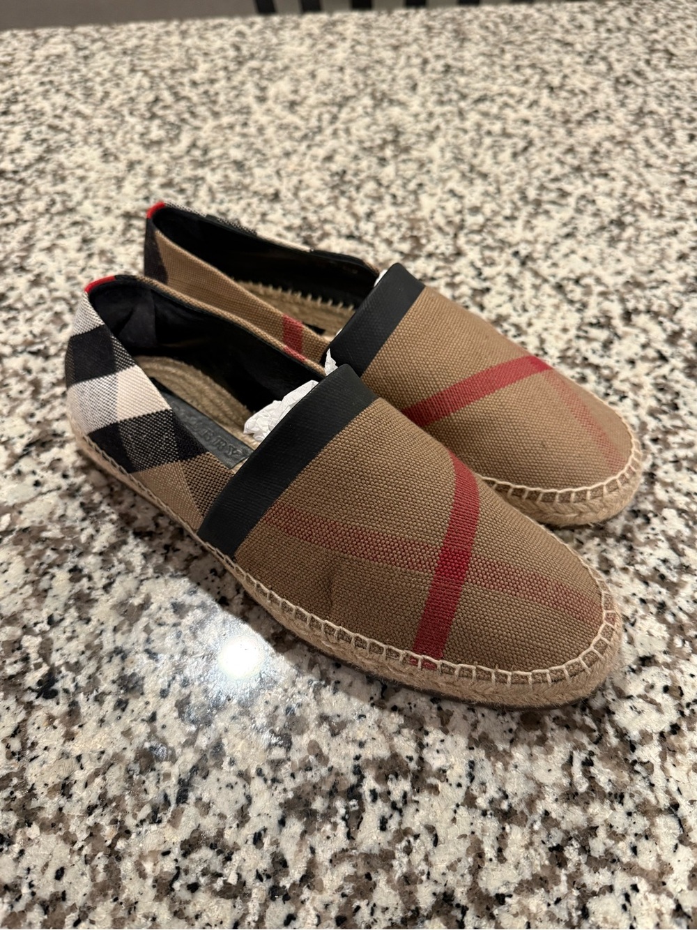 Burberry Tan and Black Plaid Slip-On Espadrilles
